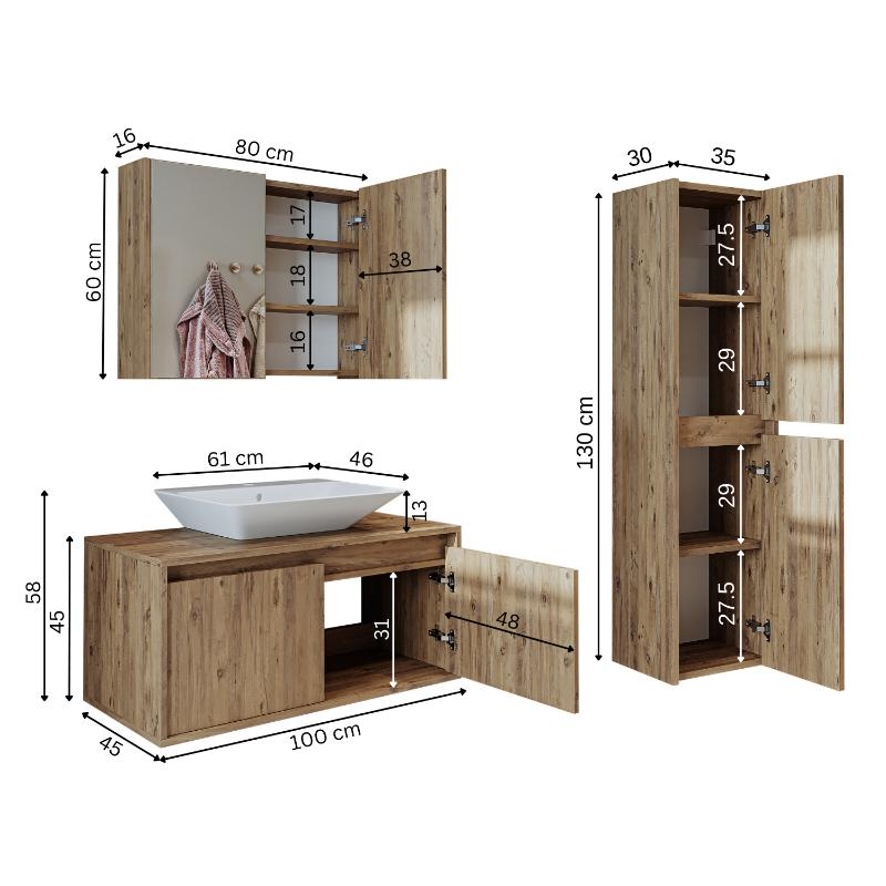 Mobile bagno sospeso lavabo specchio colonna 100 cm rovere Corallo