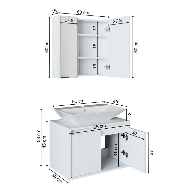 Mobile bagno sospeso lavabo specchio 65 cm bianco Corallo
