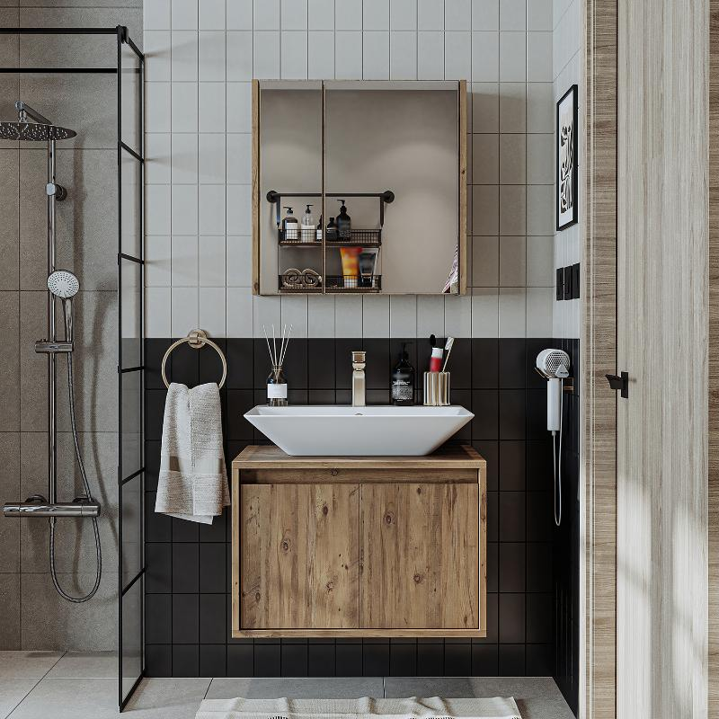 Mobile bagno sospeso lavabo specchio 65 cm rovere Corallo
