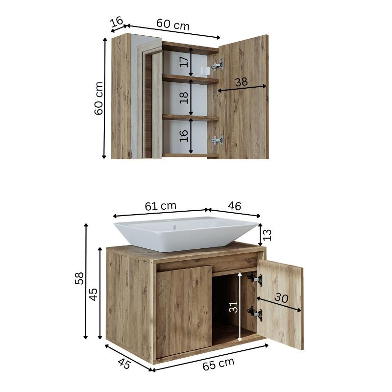 Mobile bagno sospeso lavabo specchio 65 cm rovere Corallo
