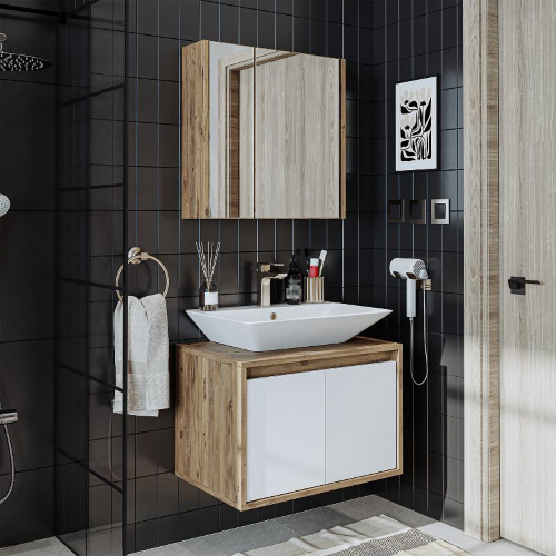 Mobile bagno sospeso lavabo specchio 65 cm rovere bianco Corallo