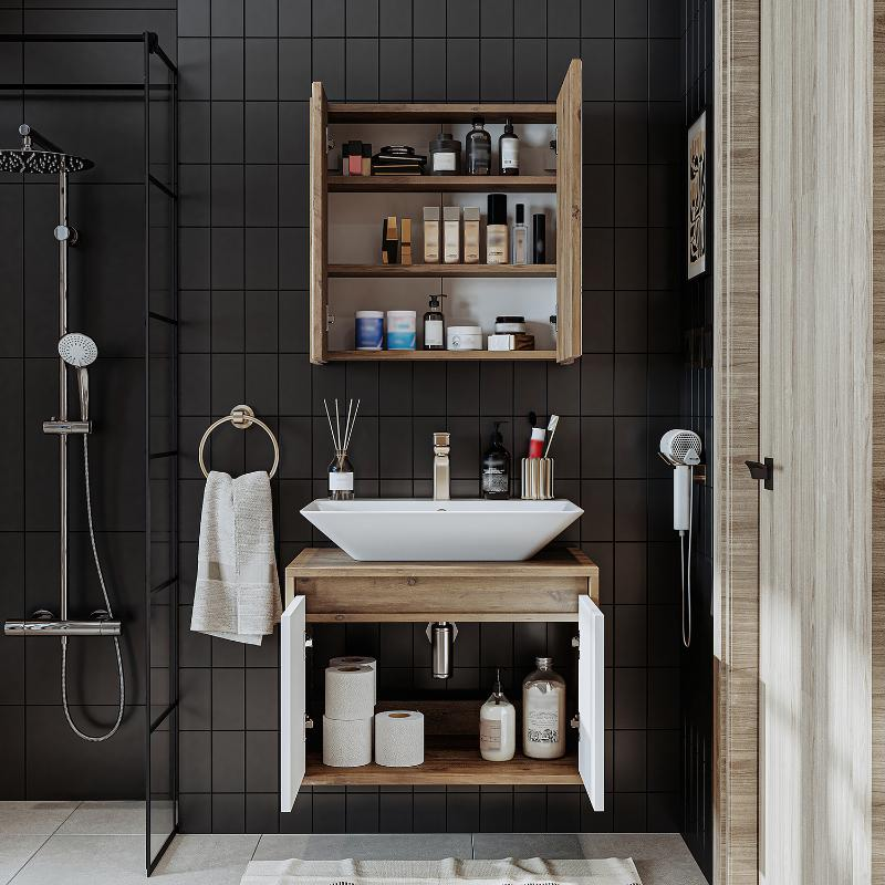 Mobile bagno sospeso lavabo specchio 65 cm rovere bianco Corallo
