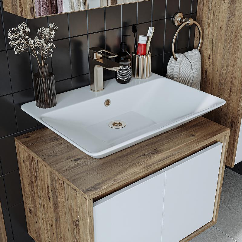 Mobile bagno sospeso lavabo specchio 65 cm rovere bianco Corallo