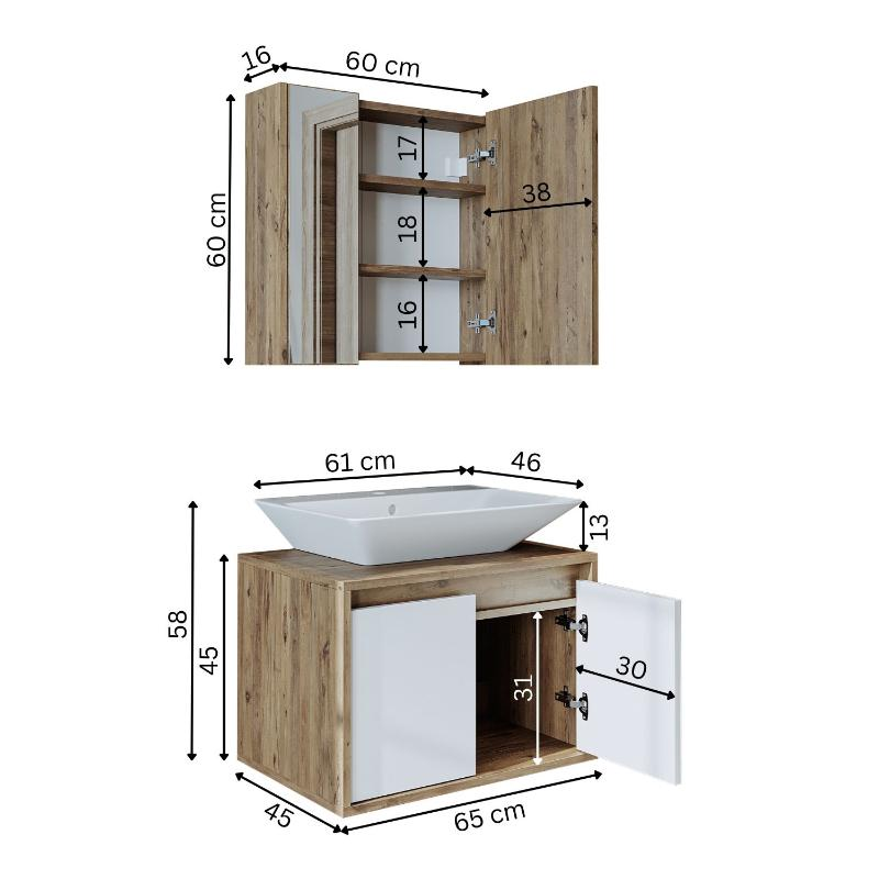 Mobile bagno sospeso lavabo specchio 65 cm rovere bianco Corallo