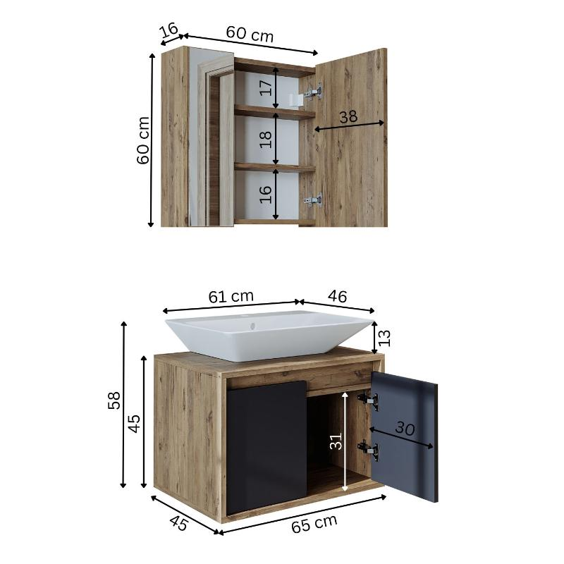 Mobile bagno sospeso lavabo specchio 65 cm rovere antracite Corallo