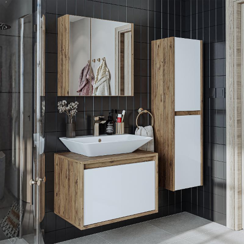 Mobile bagno sospeso lavabo specchio colonna 65 cm rovere bianco Corallo