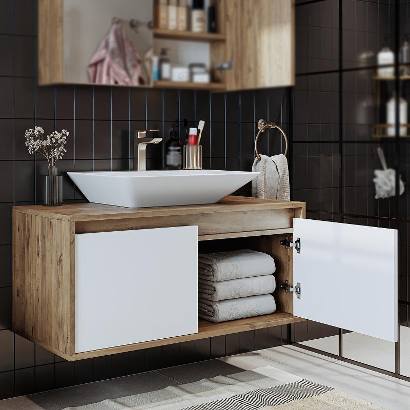 Mobile bagno sospeso lavabo 100 cm rovere bianco Corallo