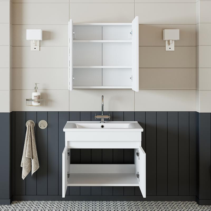 Mobile bagno sospeso lavabo specchio contenitore 65 cm bianco Nerea