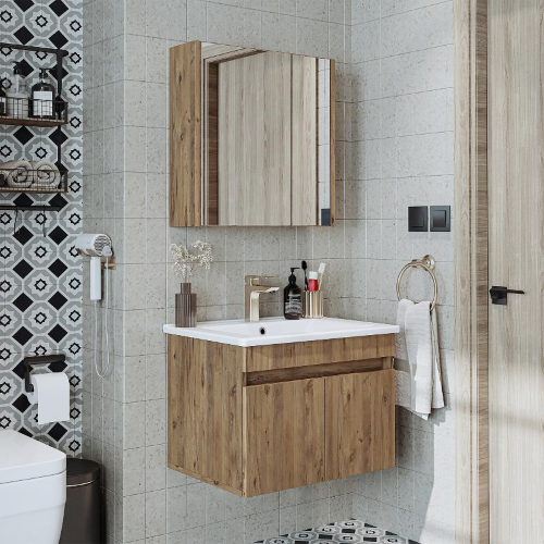 Mobile bagno sospeso lavabo specchio contenitore 65 cm rovere Nerea