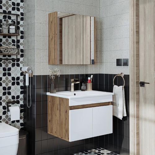 Mobile bagno sospeso lavabo specchio contenitore 65 cm rovere bianco Nerea