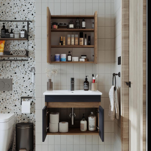 Mobile bagno sospeso lavabo specchio contenitore 65 cm rovere antracite Nerea
