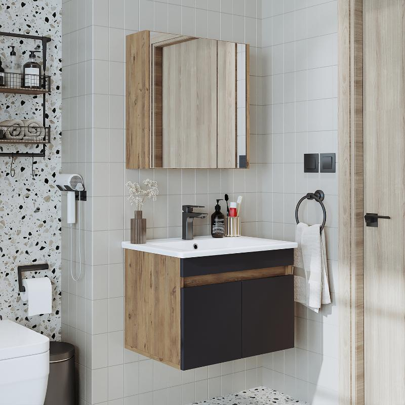 Mobile bagno sospeso lavabo specchio contenitore 65 cm rovere antracite Nerea