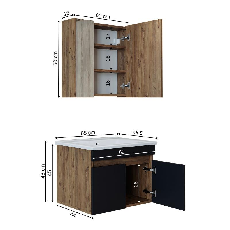 Mobile bagno sospeso lavabo specchio contenitore 65 cm rovere antracite Nerea