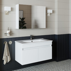 Mobile bagno sospeso lavabo specchio contenitore 85 cm bianco Nerea