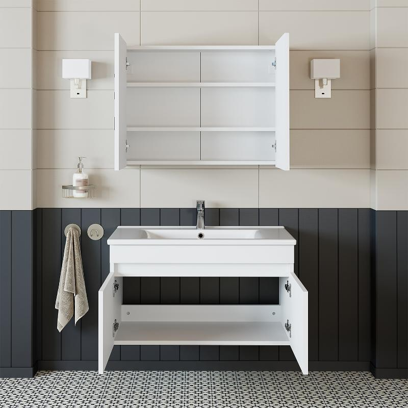 Mobile bagno sospeso lavabo specchio contenitore 85 cm bianco Nerea