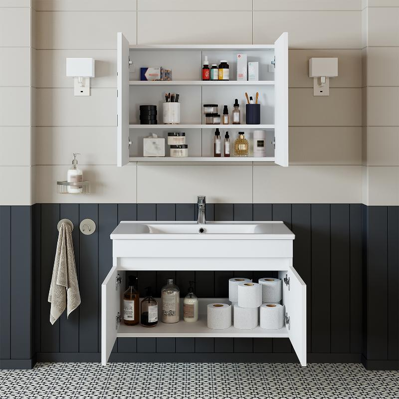Mobile bagno sospeso lavabo specchio contenitore 85 cm bianco Nerea