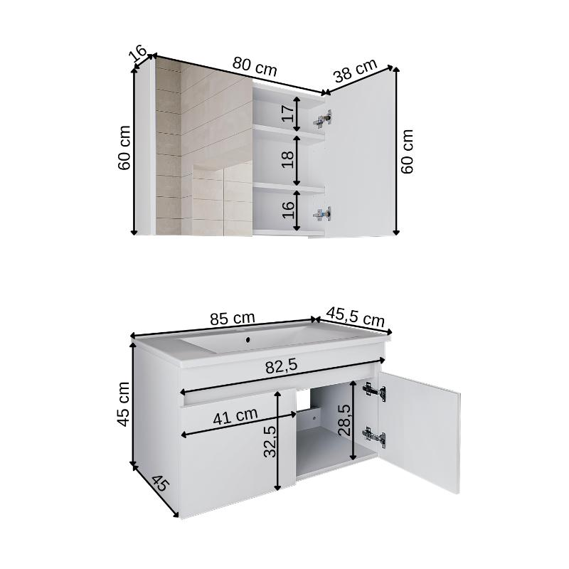 Mobile bagno sospeso lavabo specchio contenitore 85 cm bianco Nerea