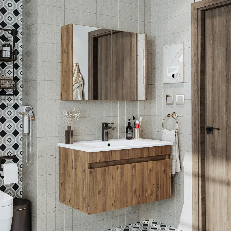 Mobile bagno sospeso lavabo specchio contenitore 85 cm rovere Nerea