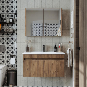 Mobile bagno sospeso lavabo specchio contenitore 85 cm rovere Nerea
