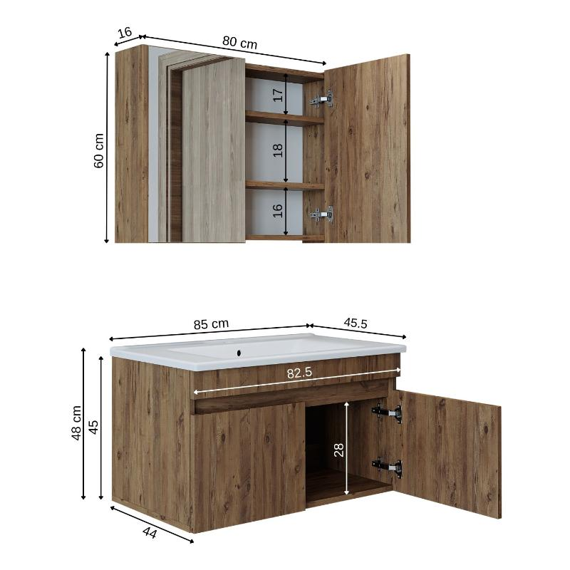 Mobile bagno sospeso lavabo specchio contenitore 85 cm rovere Nerea
