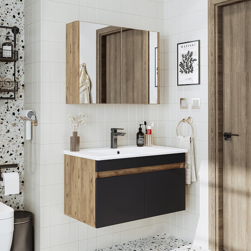 Mobile bagno sospeso lavabo specchio contenitore 85 cm rovere antracite Nerea