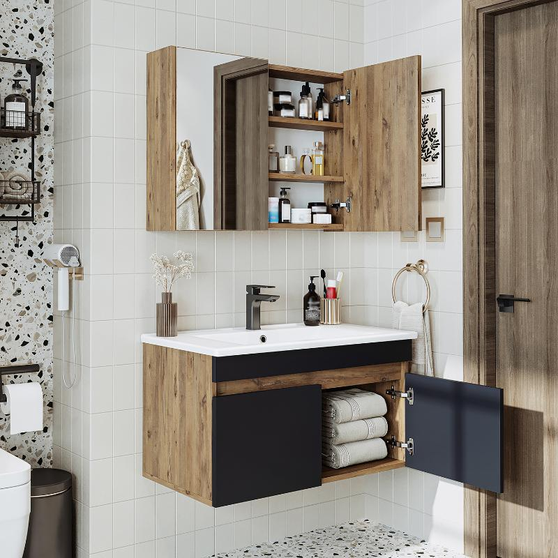 Mobile bagno sospeso lavabo specchio contenitore 85 cm rovere antracite Nerea
