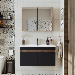 Mobile bagno sospeso lavabo specchio contenitore 85 cm rovere antracite Nerea