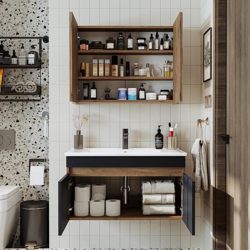 Mobile bagno sospeso lavabo specchio contenitore 85 cm rovere antracite Nerea