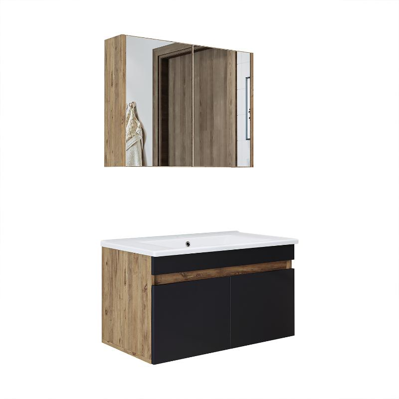 Mobile bagno sospeso lavabo specchio contenitore 85 cm rovere antracite Nerea