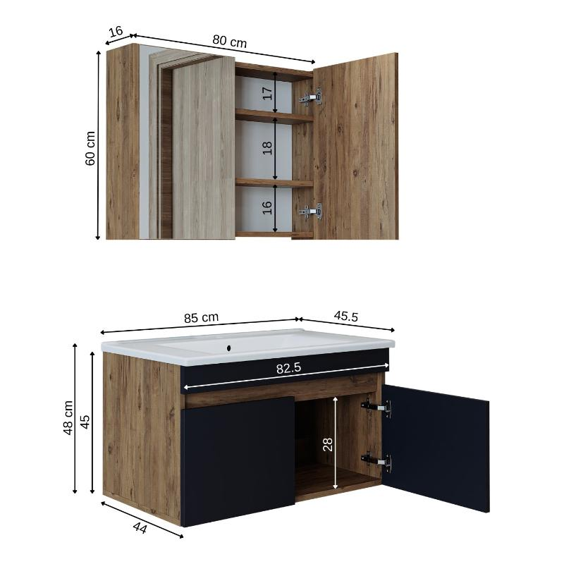 Mobile bagno sospeso lavabo specchio contenitore 85 cm rovere antracite Nerea