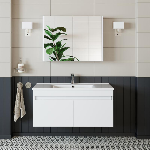 Mobile bagno sospeso lavabo specchio contenitore 100 cm bianco Nerea