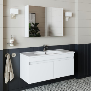 Mobile bagno sospeso lavabo specchio contenitore 100 cm bianco Nerea