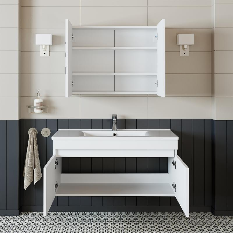 Mobile bagno sospeso lavabo specchio contenitore 100 cm bianco Nerea