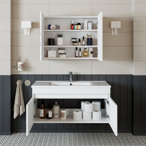 Mobile bagno sospeso lavabo specchio contenitore 100 cm bianco Nerea