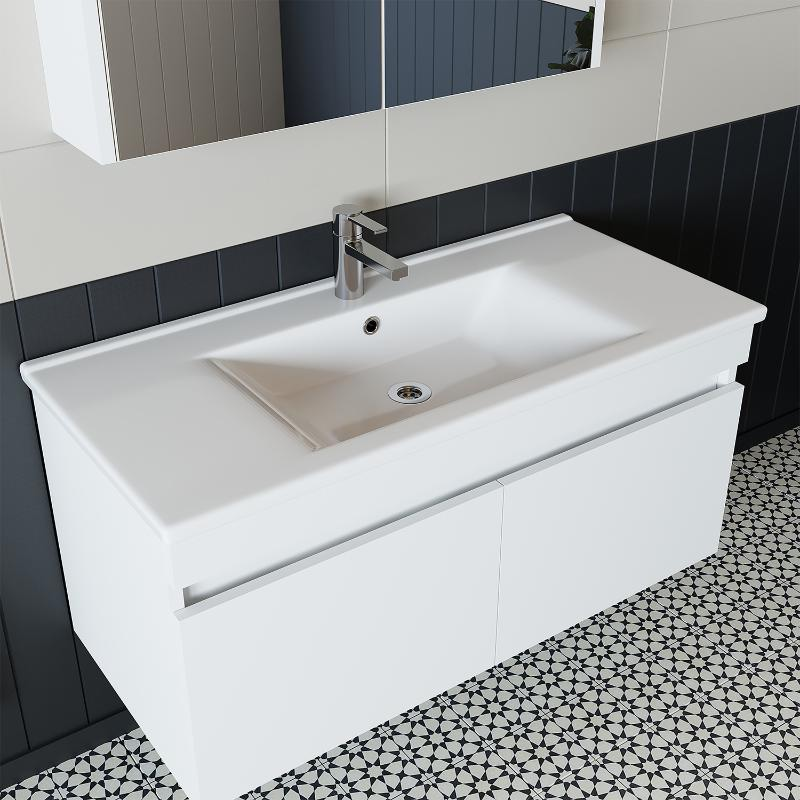 Mobile bagno sospeso lavabo specchio contenitore 100 cm bianco Nerea