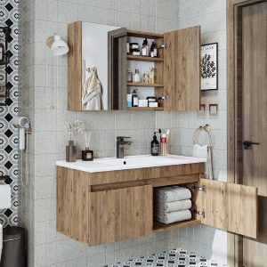Mobile bagno sospeso lavabo specchio contenitore 100 cm rovere Nerea