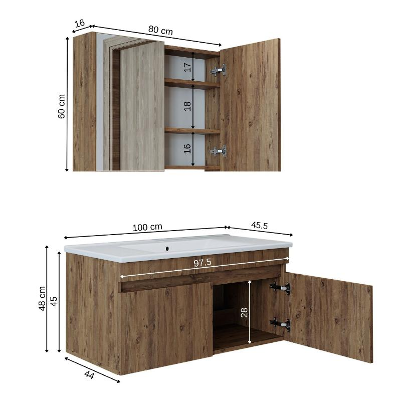 Mobile bagno sospeso lavabo specchio contenitore 100 cm rovere Nerea