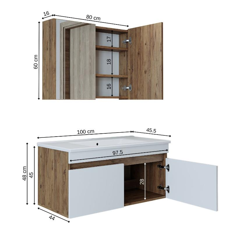 Mobile bagno sospeso lavabo specchio contenitore 100 cm rovere bianco Nerea