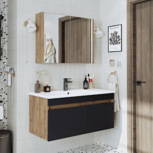 Mobile bagno sospeso lavabo specchio contenitore 100 cm rovere antracite Nerea