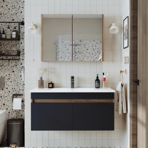 Mobile bagno sospeso lavabo specchio contenitore 100 cm rovere antracite Nerea