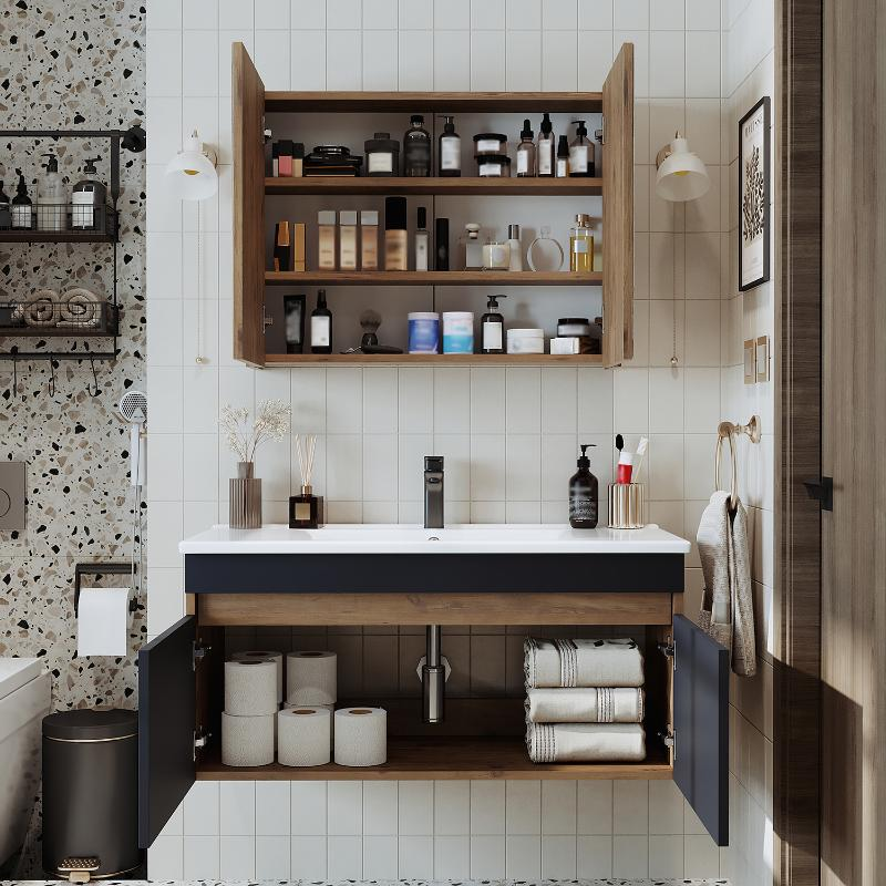 Mobile bagno sospeso lavabo specchio contenitore 100 cm rovere antracite Nerea