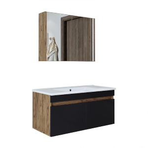 Mobile bagno sospeso lavabo specchio contenitore 100 cm rovere antracite Nerea