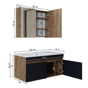 Mobile bagno sospeso lavabo specchio contenitore 100 cm rovere antracite Nerea