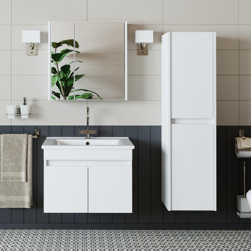 Mobile bagno sospeso lavabo specchio contenitore colonna 65 cm bianco Nerea