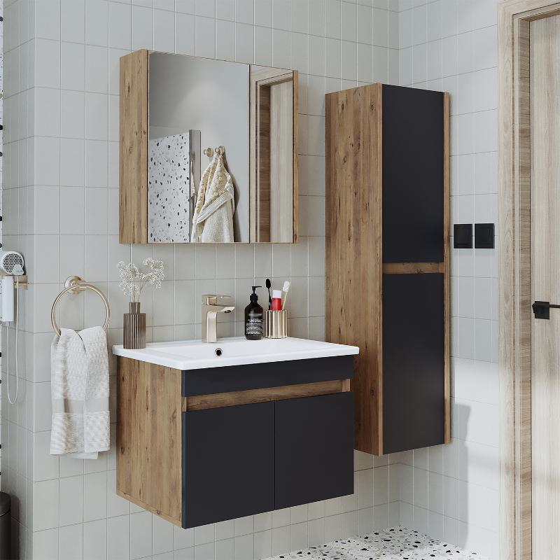 Mobile bagno sospeso lavabo specchio contenitore colonna 65 cm rovere antracite Nerea