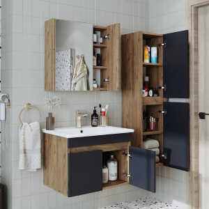 Mobile bagno sospeso lavabo specchio contenitore colonna 65 cm rovere antracite Nerea