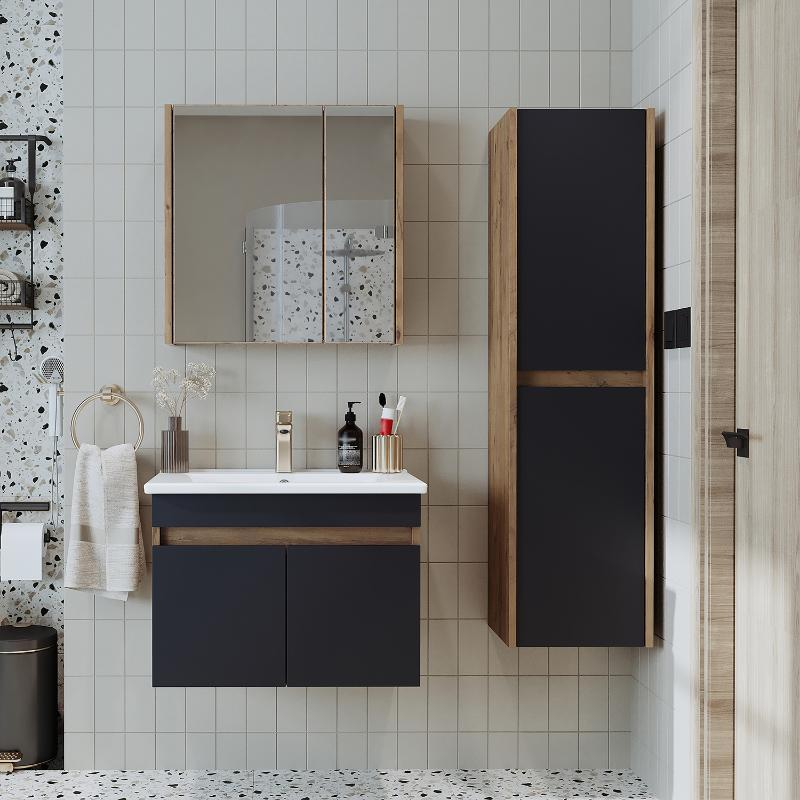 Mobile bagno sospeso lavabo specchio contenitore colonna 65 cm rovere antracite Nerea
