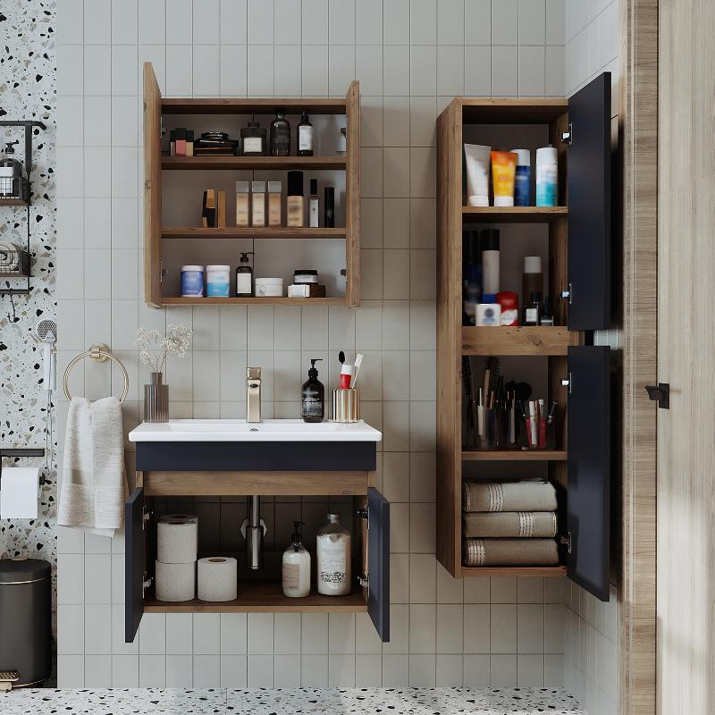 Mobile bagno sospeso lavabo specchio contenitore colonna 65 cm rovere antracite Nerea