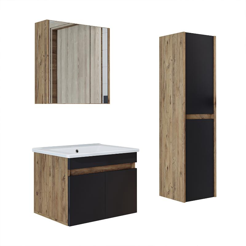 Mobile bagno sospeso lavabo specchio contenitore colonna 65 cm rovere antracite Nerea