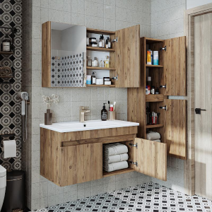 Mobile bagno sospeso lavabo specchio contenitore colonna 85 cm rovere Nerea